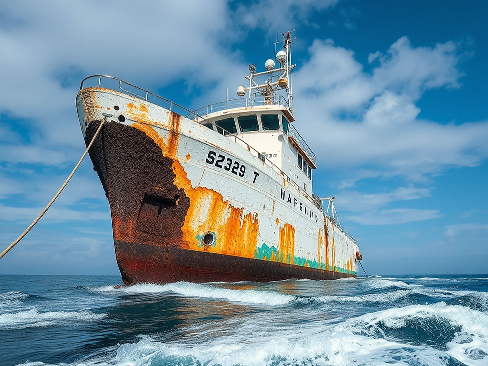 Rusty ship sailing in blue ocean under partly cloudy sky. Waves crash at bow.