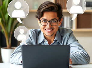 Smiling person with glasses at a laptop, surrounded by speech bubbles with user icons. Office setting, bookshelves, and a plant in the background.