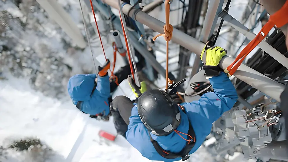 Two rope-access workers in blue jackets and helmets climb a snowy tower, gripping metal beams and orange safety lines.