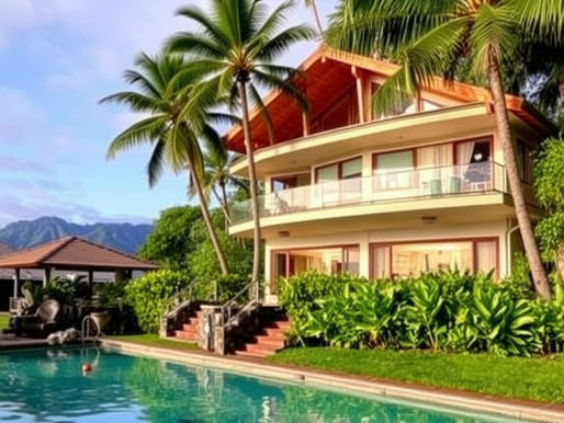 A tropical house with balconies and large windows is set beside a pool, surrounded by palm trees and lush greenery against mountains.