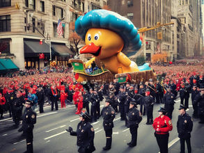 A large yellow duck float with a blue hat parades down a city street, surrounded by a crowd in red outfits. Policemen line the route. Festive mood.