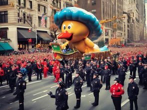 A large yellow duck float with a blue hat parades down a city street, surrounded by a crowd in red outfits. Policemen line the route. Festive mood.