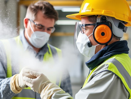 Workers in safety gear and masks examine a substance in a factory. One wears a yellow hard hat and earmuffs. Bright setting, cautious mood.