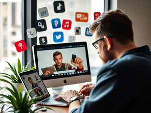 Man working on a laptop with a desktop screen showing a video. Social media icons are on the window. Plants decorate the desk.