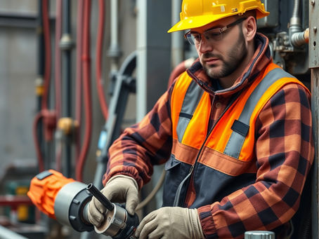 Worker in a yellow hard hat and orange vest uses a tool in an industrial setting. Background shows pipes and machinery. Focused mood.