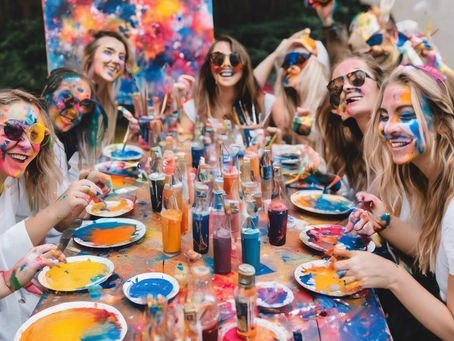 Group of smiling friends with paint-covered faces, sitting outdoors at a colorful paint party, surrounded by vibrant paints and brushes.