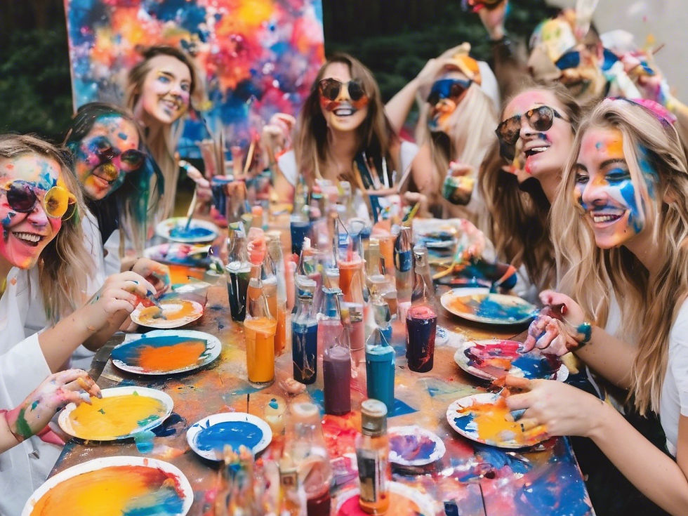Group of smiling friends with paint-covered faces, sitting outdoors at a colorful paint party, surrounded by vibrant paints and brushes.