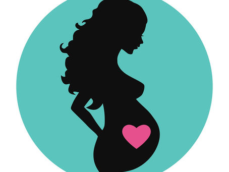 Illustration of a pregnant woman in profile with a heart symbol over her baby bump, representing pregnancy, prenatal care, and maternal wellness.