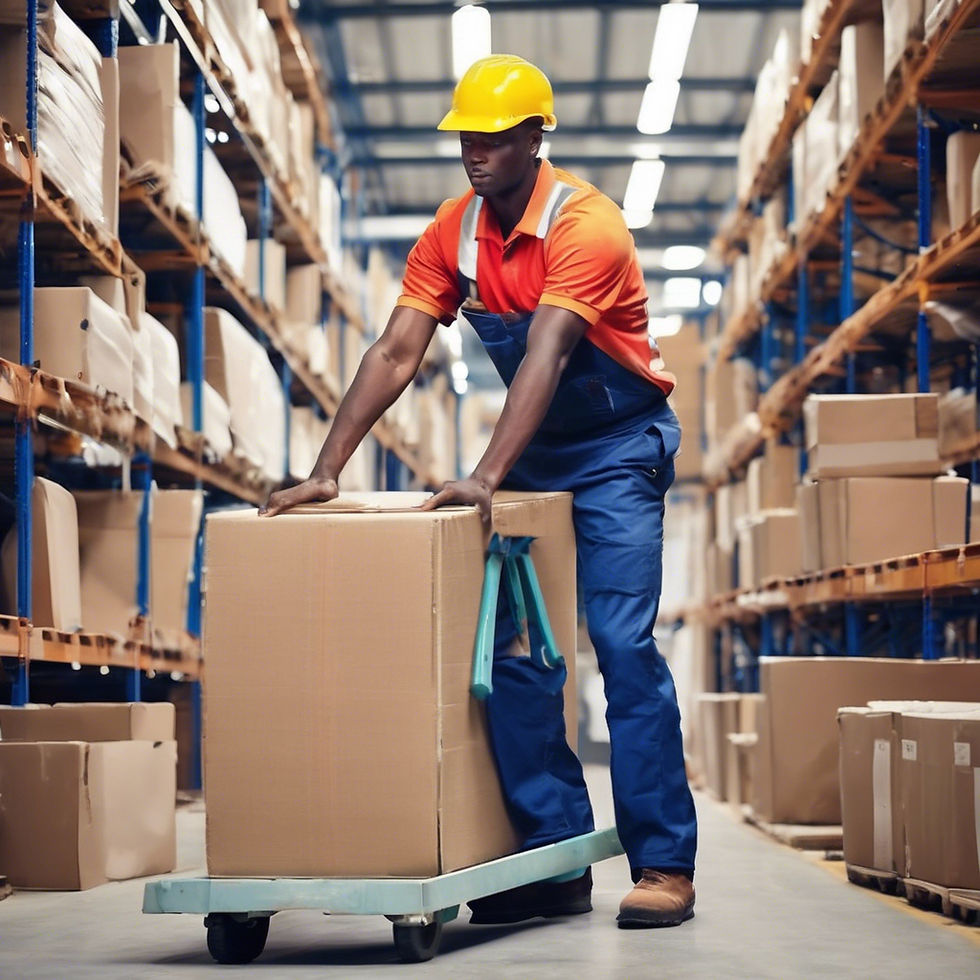 Worker in a red shirt and hard hat pushes a large box on a dolly in a warehouse aisle filled with shelves and boxes, under bright lights.