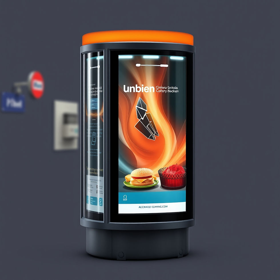 Digital ad kiosk with a vibrant display shows a burger and cupcake with orange swirls. "Unbien" is written above. Subway signs in the background.