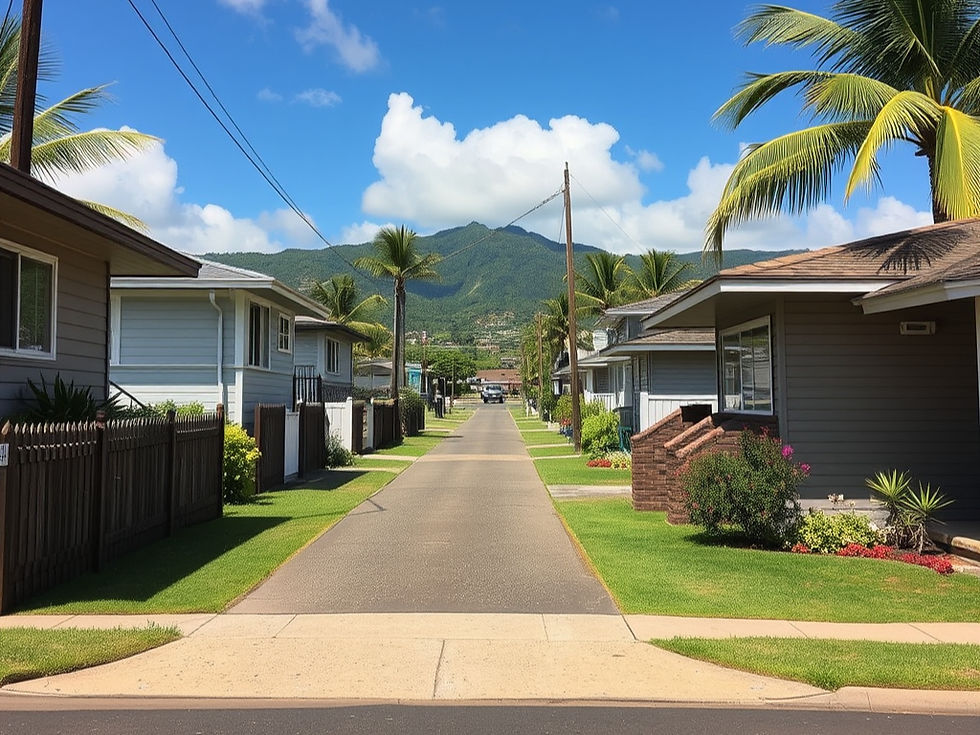 Quiet suburban street with palm trees, gray houses, and manicured lawns. Blue sky and mountains in the background create a tranquil mood.