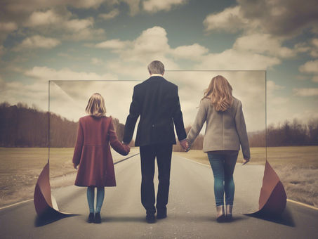 A family of three holding hands walks down a road with torn edges. Overcast sky, barren trees, and an empty landscape create a somber mood.