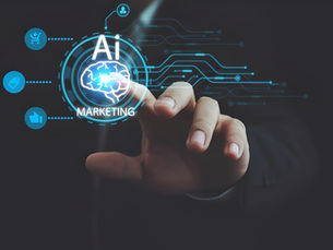 Hand interacts with digital interface showing "AI Marketing" text and icons on a dark background, creating a futuristic and tech-focused vibe.