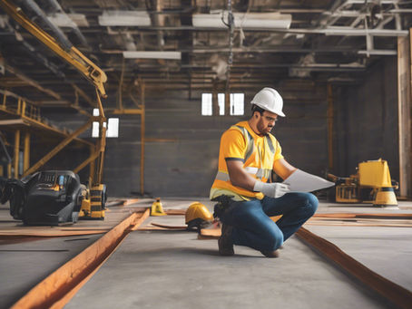 Worker in a yellow vest and hard hat kneels, examining blueprints in an industrial site. Construction equipment and framework visible.