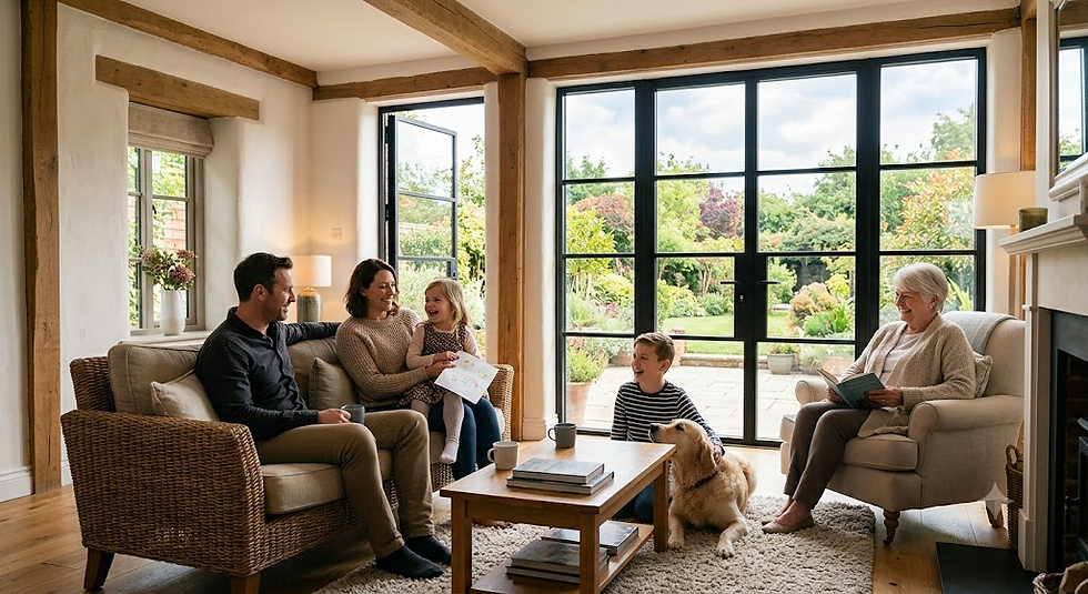 Family enjoying a comfortable remodeled home in the Brainerd Lakes Area with energy-efficient windows and improved insulation