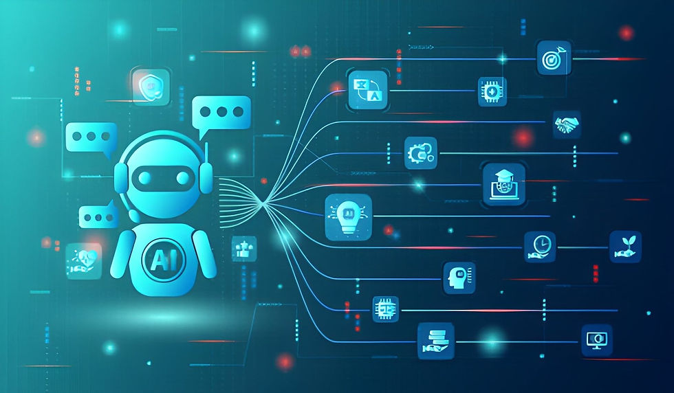 AI robot with headset in a digital network, surrounded by icons representing various technologies. Background is dark blue with glowing lines.