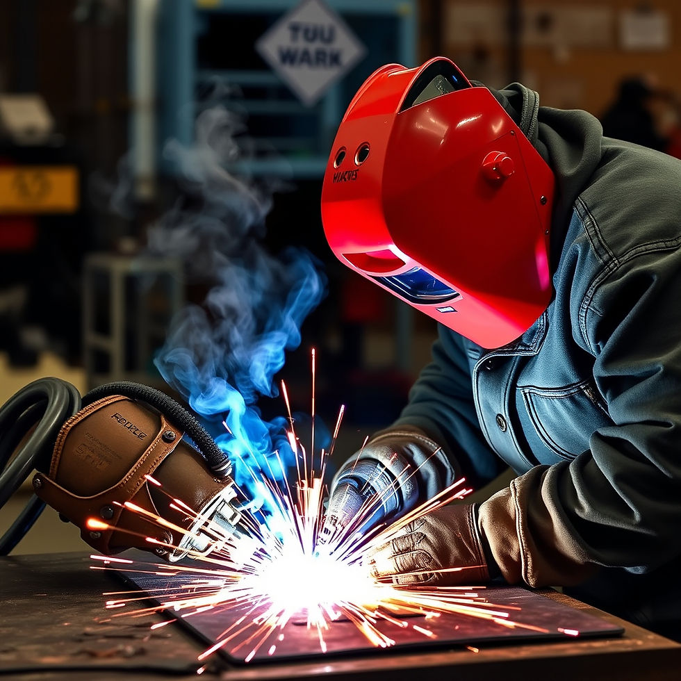 Welder in a red helmet works on metal, sparks flying. Wearing gloves and blue jacket. 