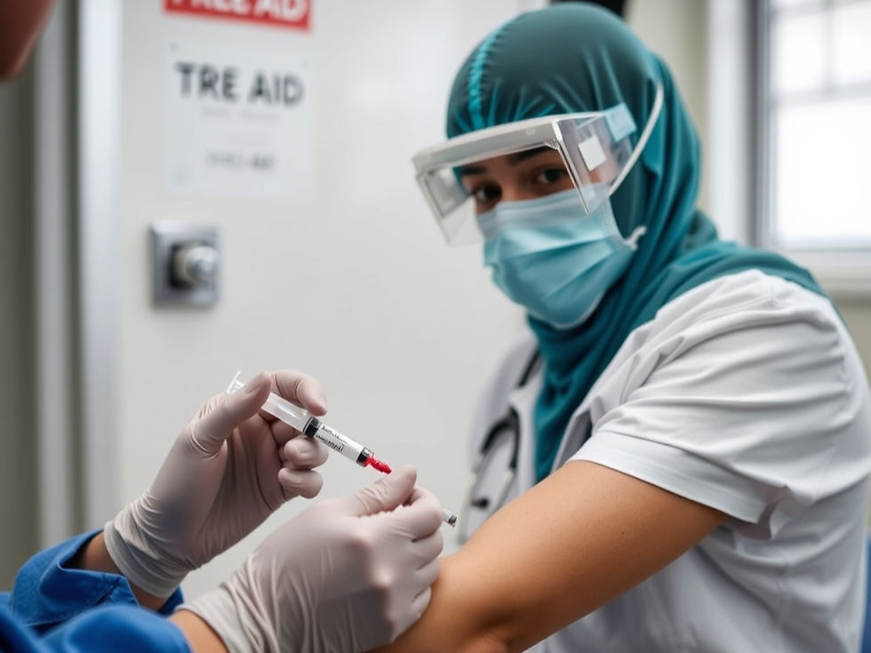 Healthcare worker in teal hijab and face shield receives an injection. Sign says "TRE AID" in the white-walled clinic.
