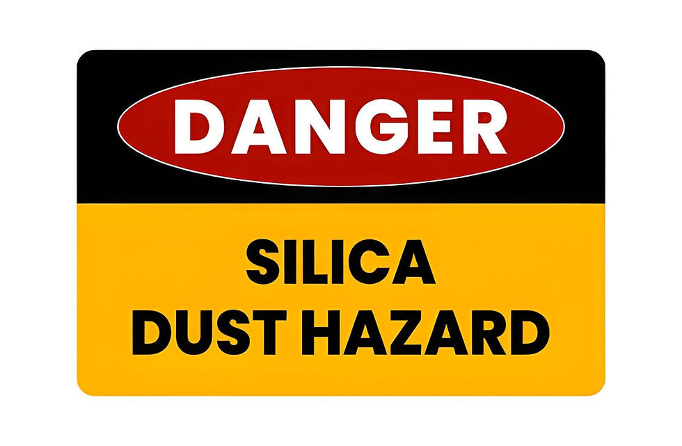 Warning sign with red and black "DANGER" text on a yellow background, stating "SILICA DUST HAZARD."