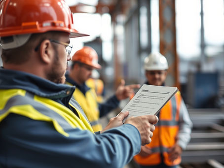 Industrial warehouse with machinery, safety cones, yellow carts, and metal structures. Bright lighting creates a busy, organized atmosphere.