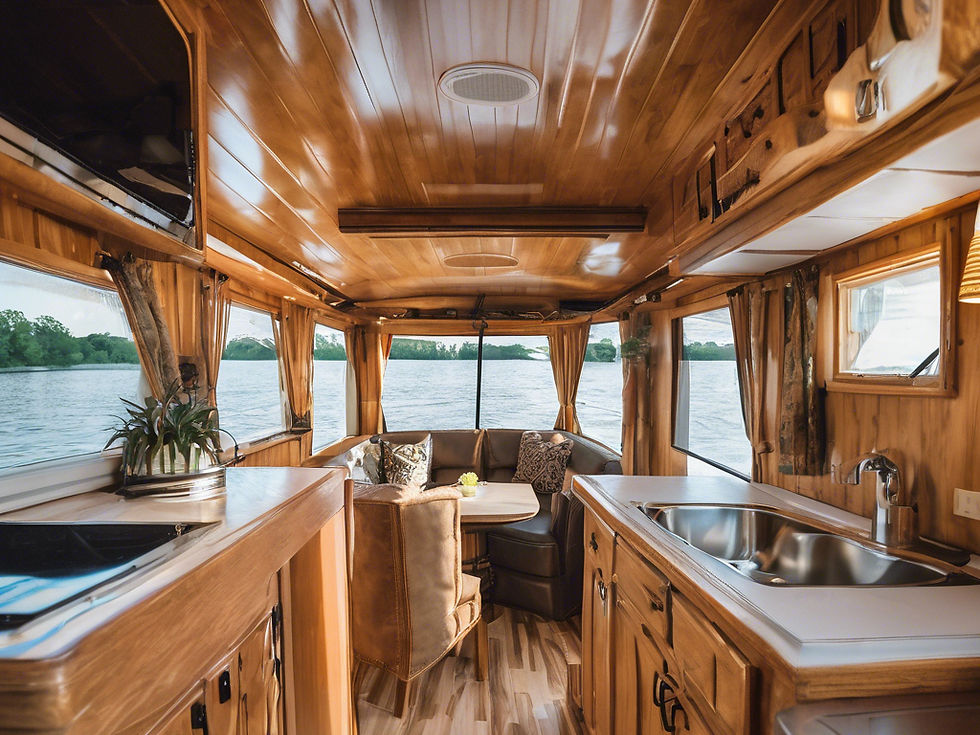 Cozy boat interior with wooden decor, round table, plush seating, and water view through large windows. Calm and inviting ambiance.
