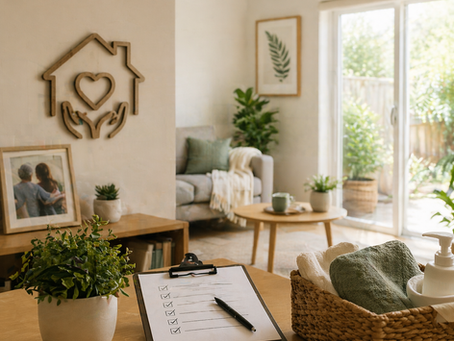 Warm, light-filled home interior with a tidy table, indoor plants, soft furnishings, and a calm, organised living space that suggests safety, care, and stability.