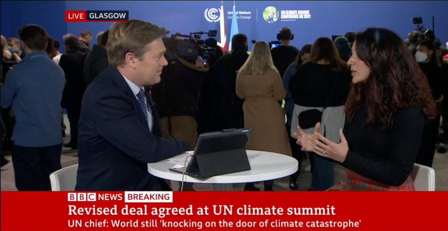 Sepi is giving live commentary for BBC news at the closing plenary of UN Climate summit