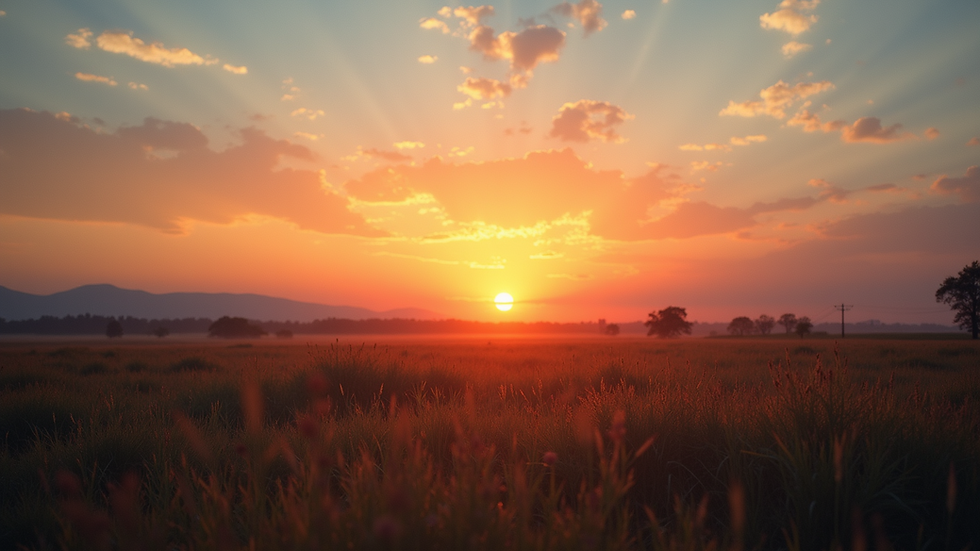 Wide angle view of a serene landscape with a sunset