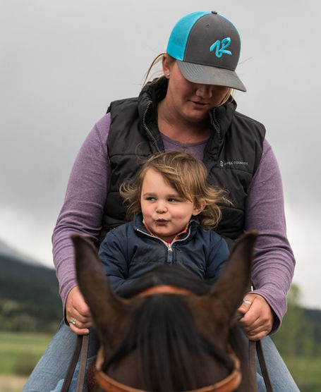 Child and adult riding a horse together.