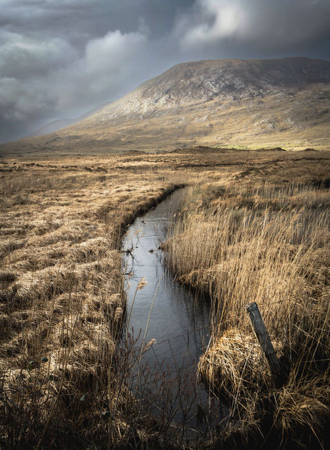 Golden autumnal day in Connemara, with a river and mountains. 