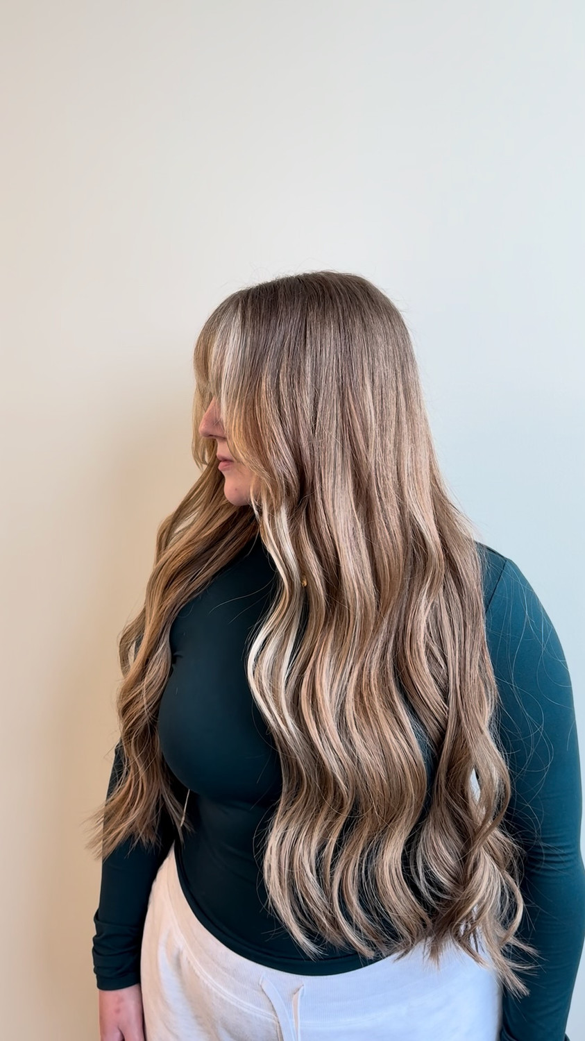 24-inch VoguePearl extensions with a halo highlight and multi-tonal blend