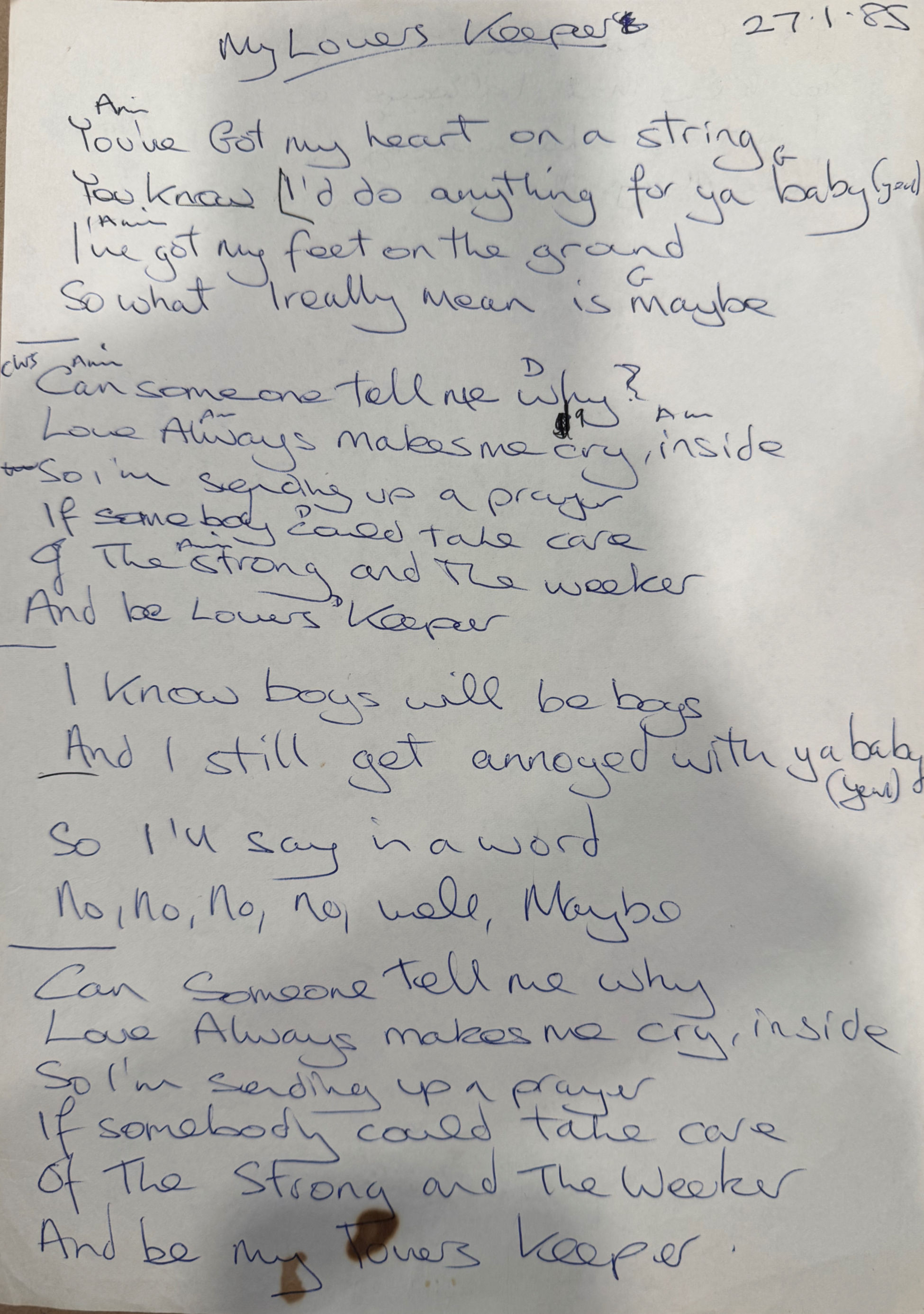 My Lover's Keeper - Handwritten Lyrics