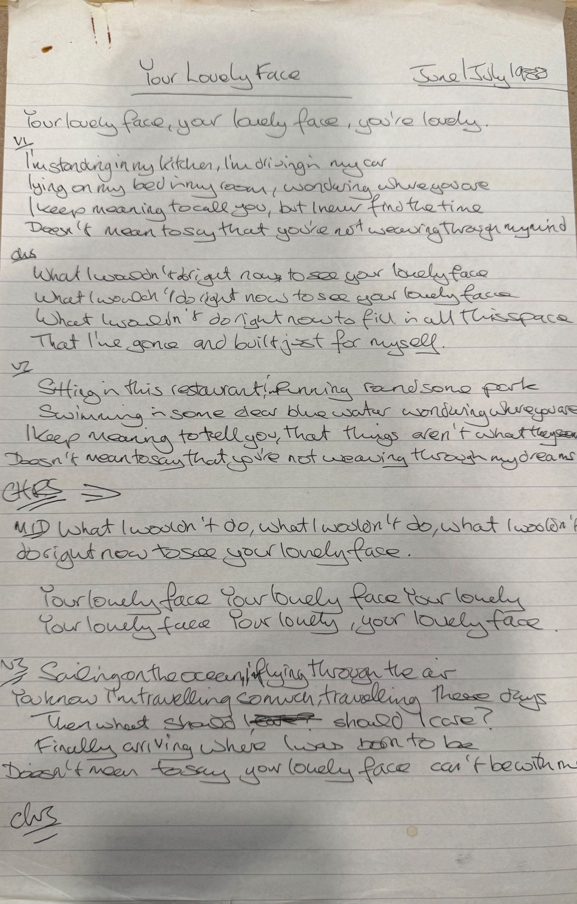 Your Lovely Face - Handwritten Lyric