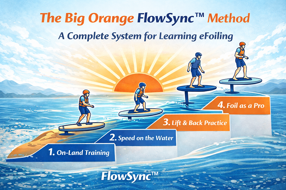 Three people eFoiling on water against a sunrise with steps labeled: 1. On-Land Training, 2. Speed, 3. Lift, 4. Foil as a Pro.