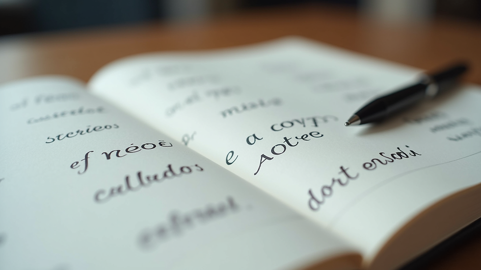 Close-up view of a notebook with Spanish vocabulary and a pen