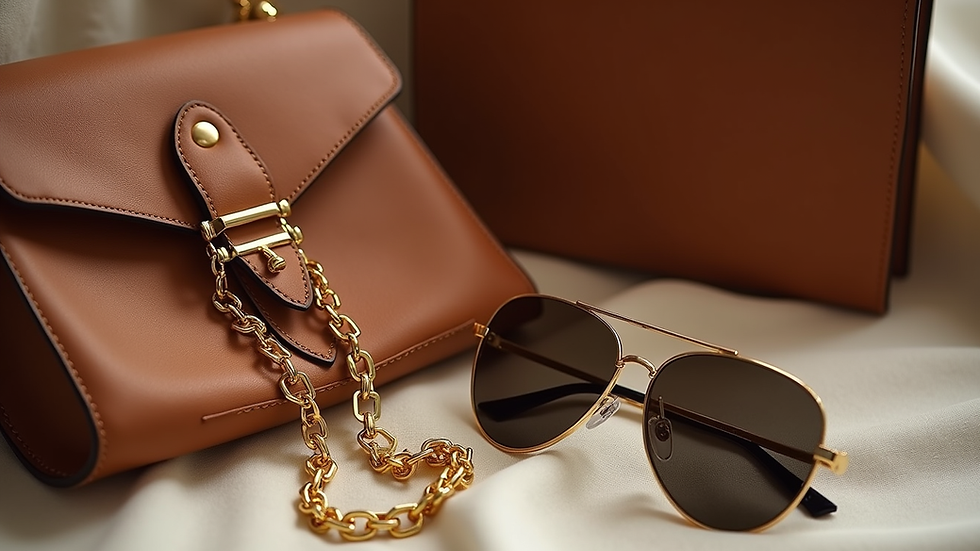 Close-up view of stylish accessories including a leather bag, gold jewelry, and sunglasses