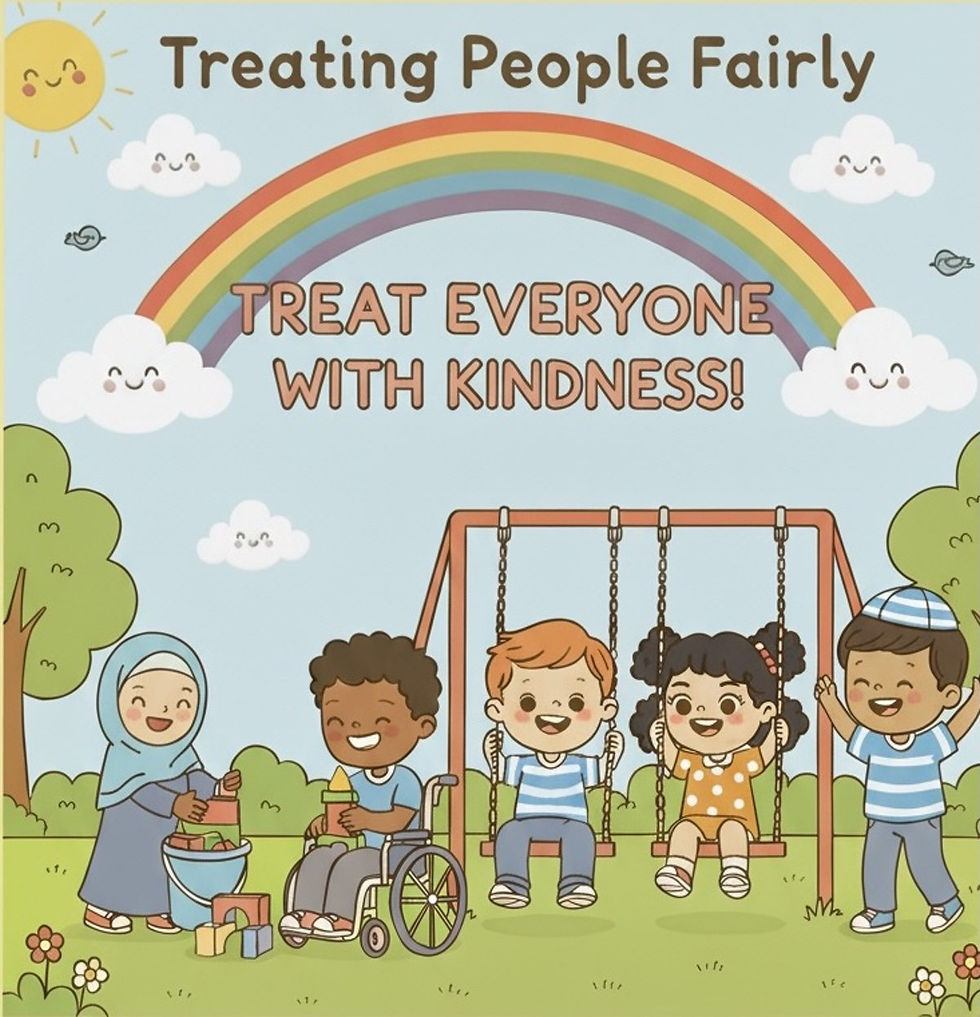 Kids of diverse backgrounds smiling on a playground with swings, rainbow, and text: "Treating People Fairly" and "Treat Everyone with Kindness."