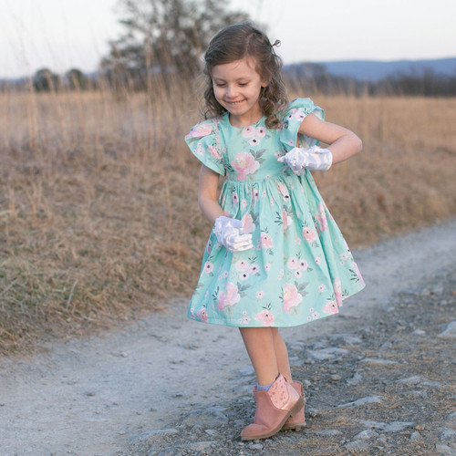 Flutter Sleeve Green and Pink Dress | Bloom Sewing