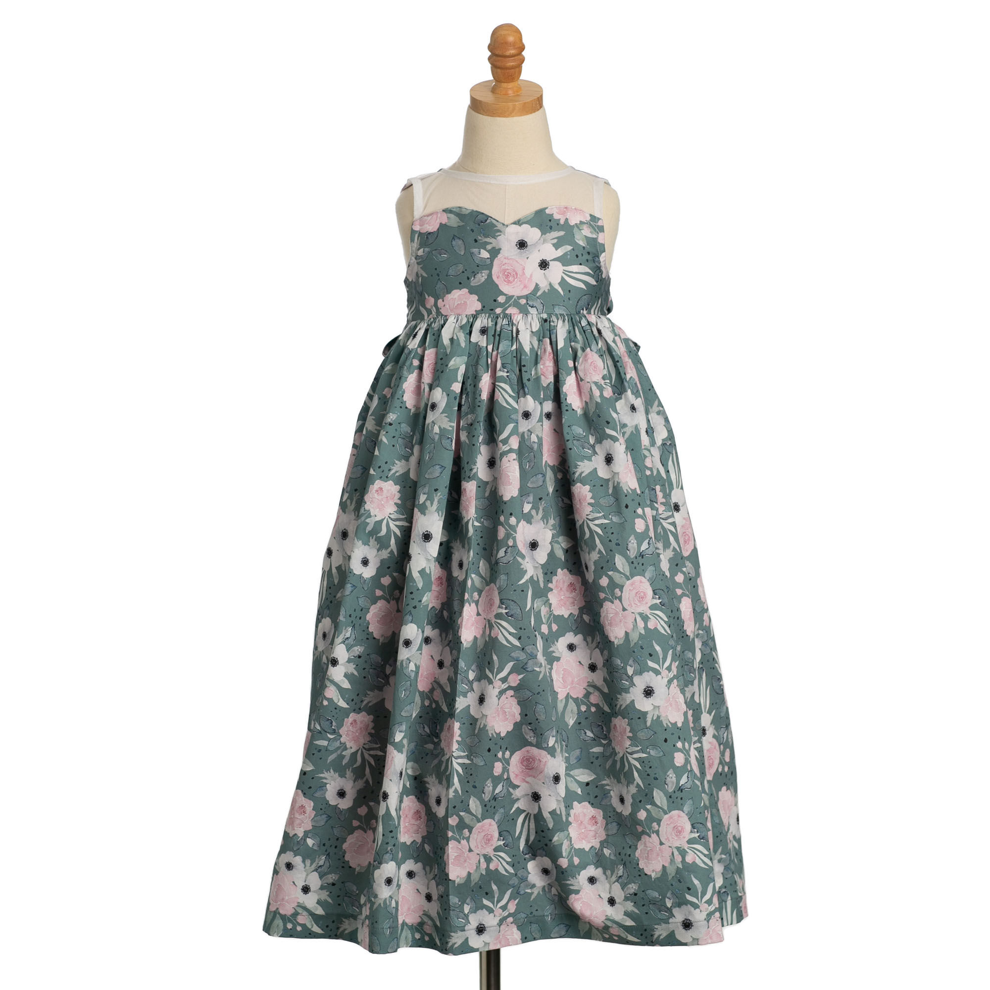 Sage Green Flower Girl Dress with Sheer Bodice Underlay