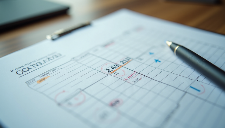 High angle view of a calendar with marked contract deadlines