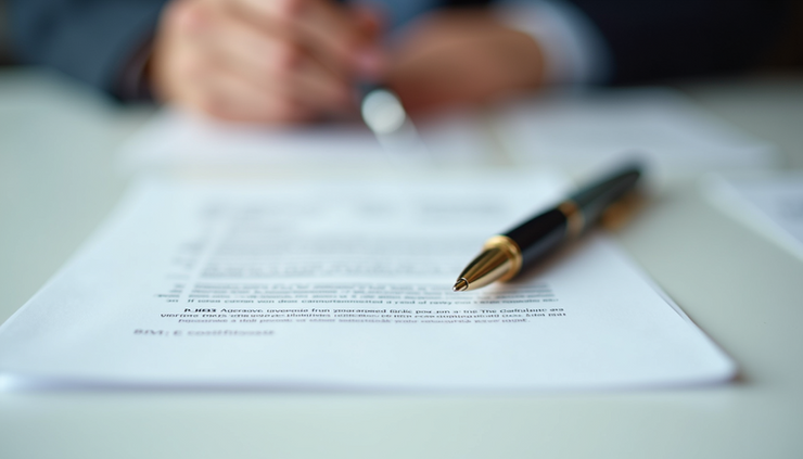 Eye-level view of a contract document with a pen on top