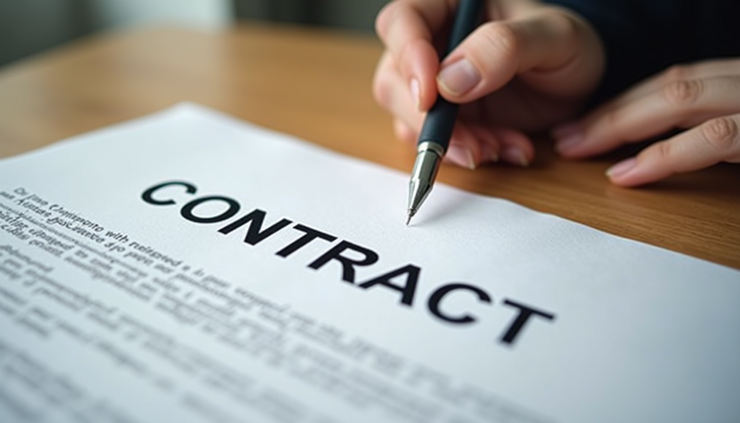 Eye-level view of a contract document with a pen on a wooden table