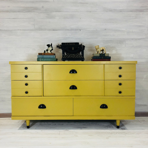 Mustard Yellow Long Low MCM 6 Drawer Dresser