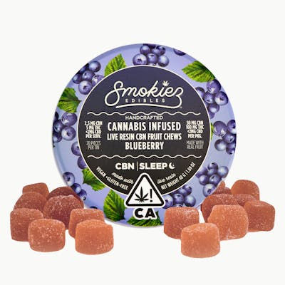 Smokiez Edibles Blueberry 50mg CBN : 100mg Live Resin THC 1:2 Fruit Chews -