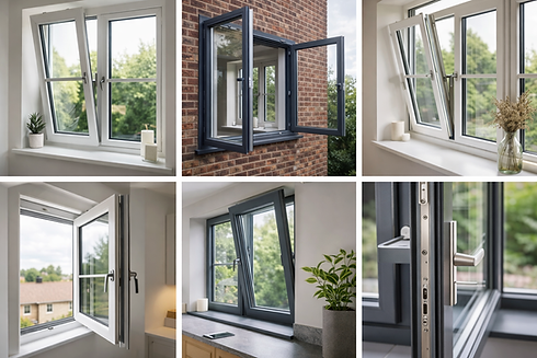 Several open windows with various house backgrounds and brick walls.