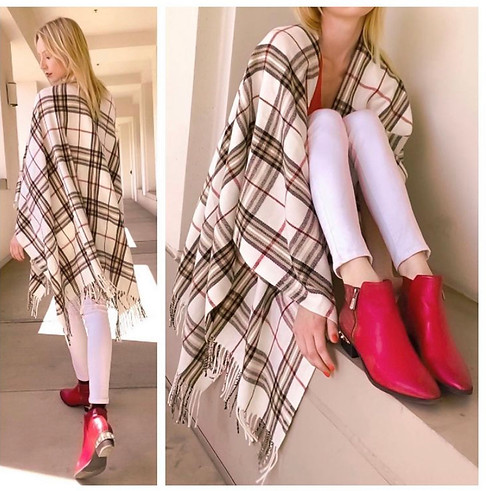 red pleather boots white pats shawl commercial e-commerce fashion