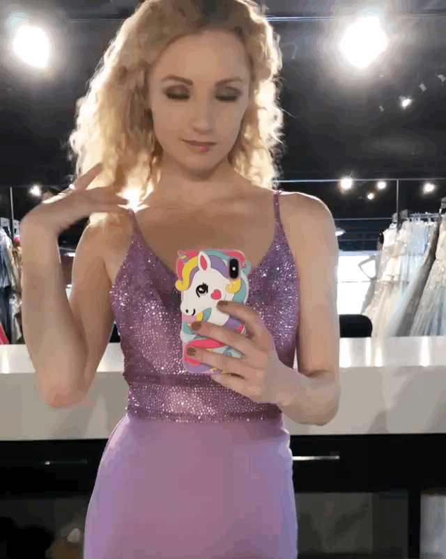 Veronica Farren behind the scenes purple cocktail dress unicorn phone case