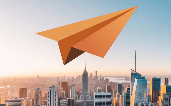 Illustration of a paper plane flying over modern skyscrapers, symbolizing creative ideas and growth — Northbeam Studio branding