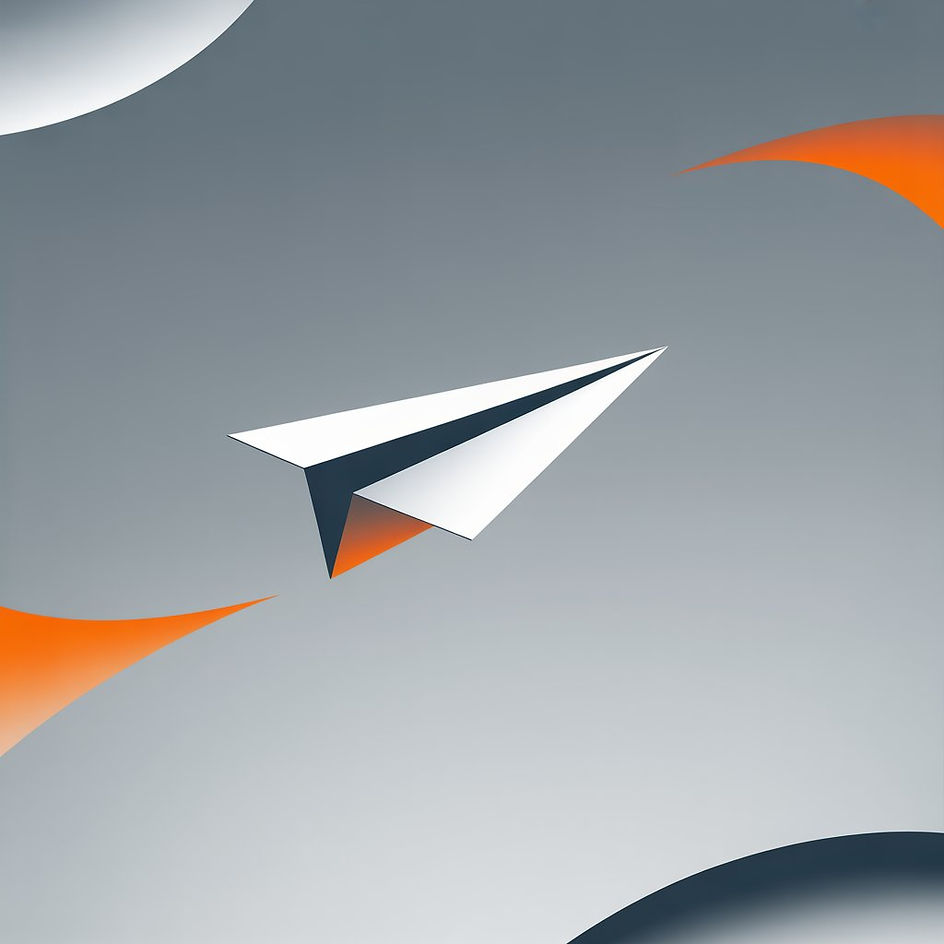 Paper plane flying upward across a modern grey strip background in NorthBeam Studio brand colors, symbolizing clarity and direction in marketing.