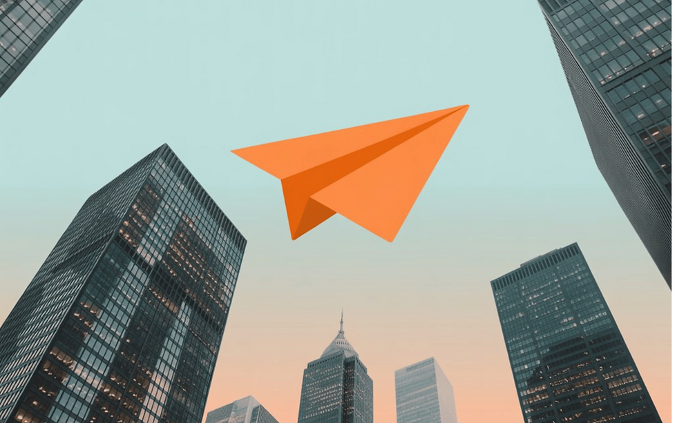Paper plane flying over a city skyline in NorthBeam Studio brand colors, symbolizing teamwork and collaboration